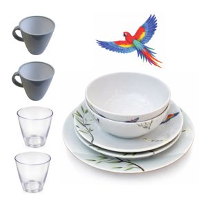 Geschirrset mit Papagei CLEVER VANS 12-tlg - rund - mit Stapelbox